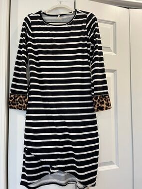 Pinkblush Navy & White Striped Dress with Leopard Cuff Detail
